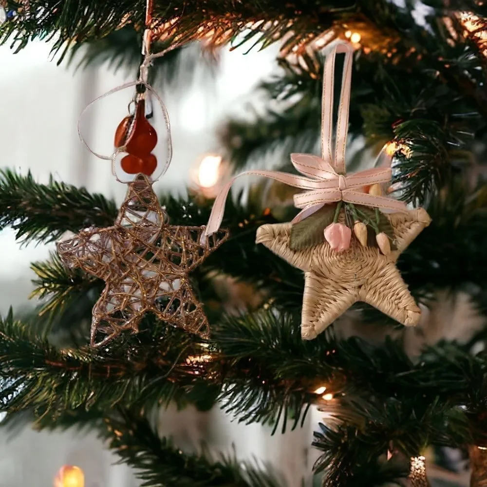 2 Star Christmas Ornaments Rattan Woven Rustic Farmhouse Country‎ Boho Holiday.